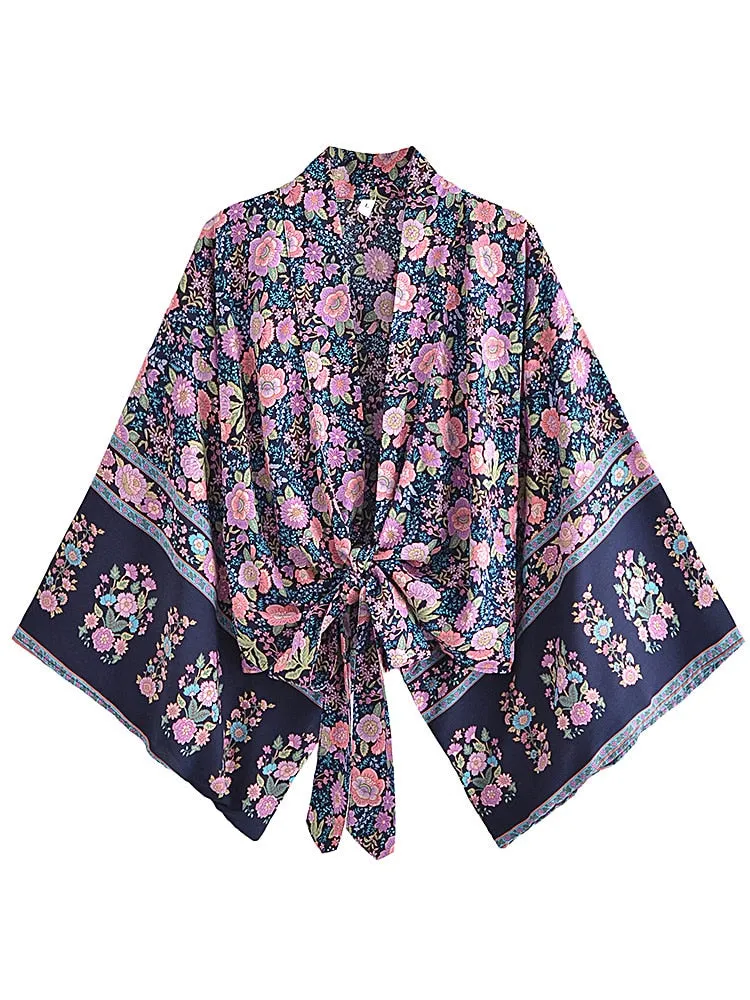 Boho Vintage Floral Print Short Kimono Wrap Tops