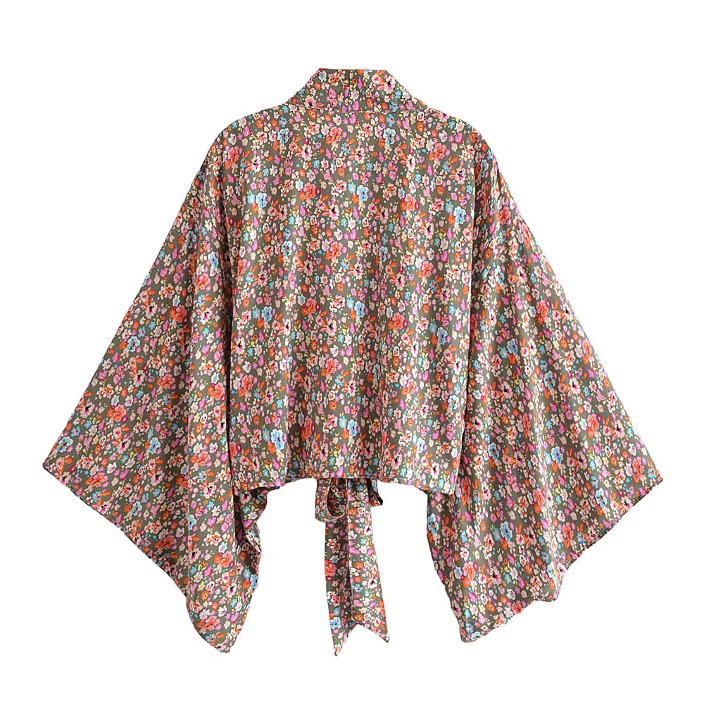 Boho Vintage Floral Print Short Kimono Wrap Tops