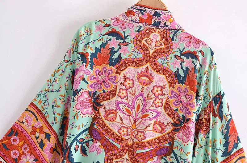 Boho Vintage Floral Print Short Kimono Wrap Tops
