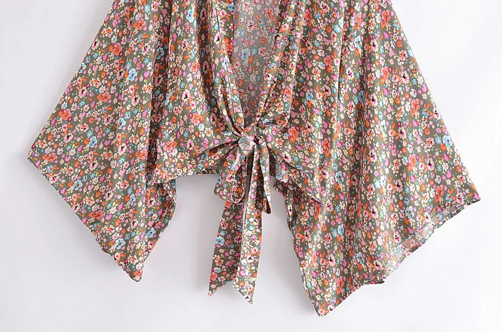 Boho Vintage Floral Print Short Kimono Wrap Tops