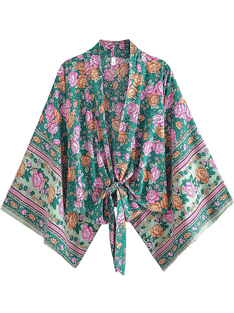 Boho Vintage Floral Print Short Kimono Wrap Tops