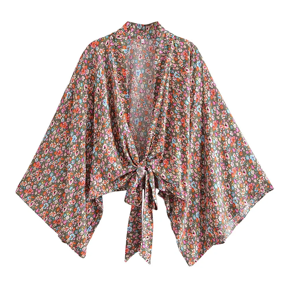 Boho Vintage Floral Print Short Kimono Wrap Tops