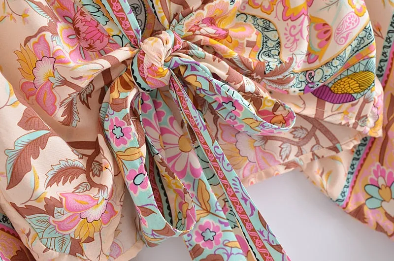 Boho Vintage Floral Print Short Kimono Wrap Tops