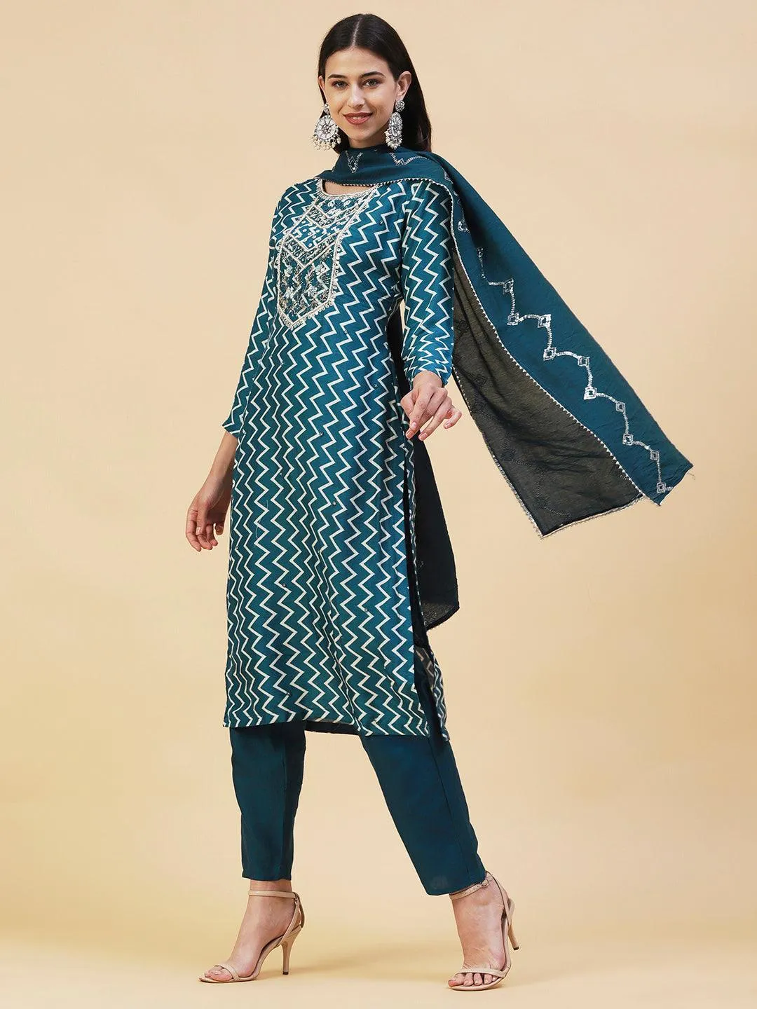 Chevron Printed & Hand Embroidered Straight Kurta with Pant & Dupatta - Teal Blue