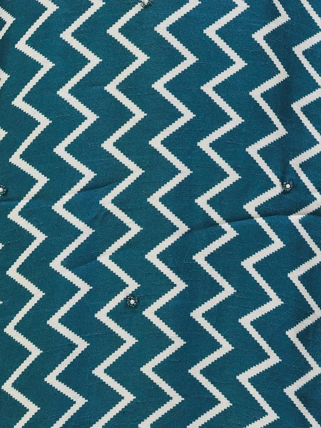 Chevron Printed & Hand Embroidered Straight Kurta with Pant & Dupatta - Teal Blue