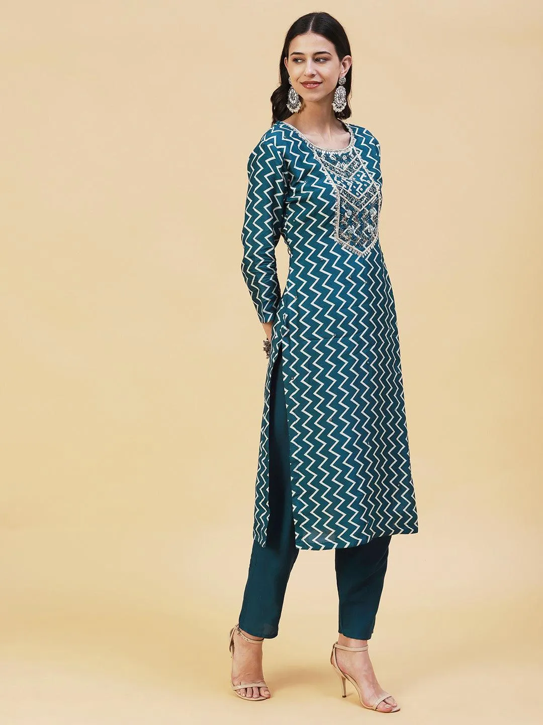 Chevron Printed & Hand Embroidered Straight Kurta with Pant & Dupatta - Teal Blue
