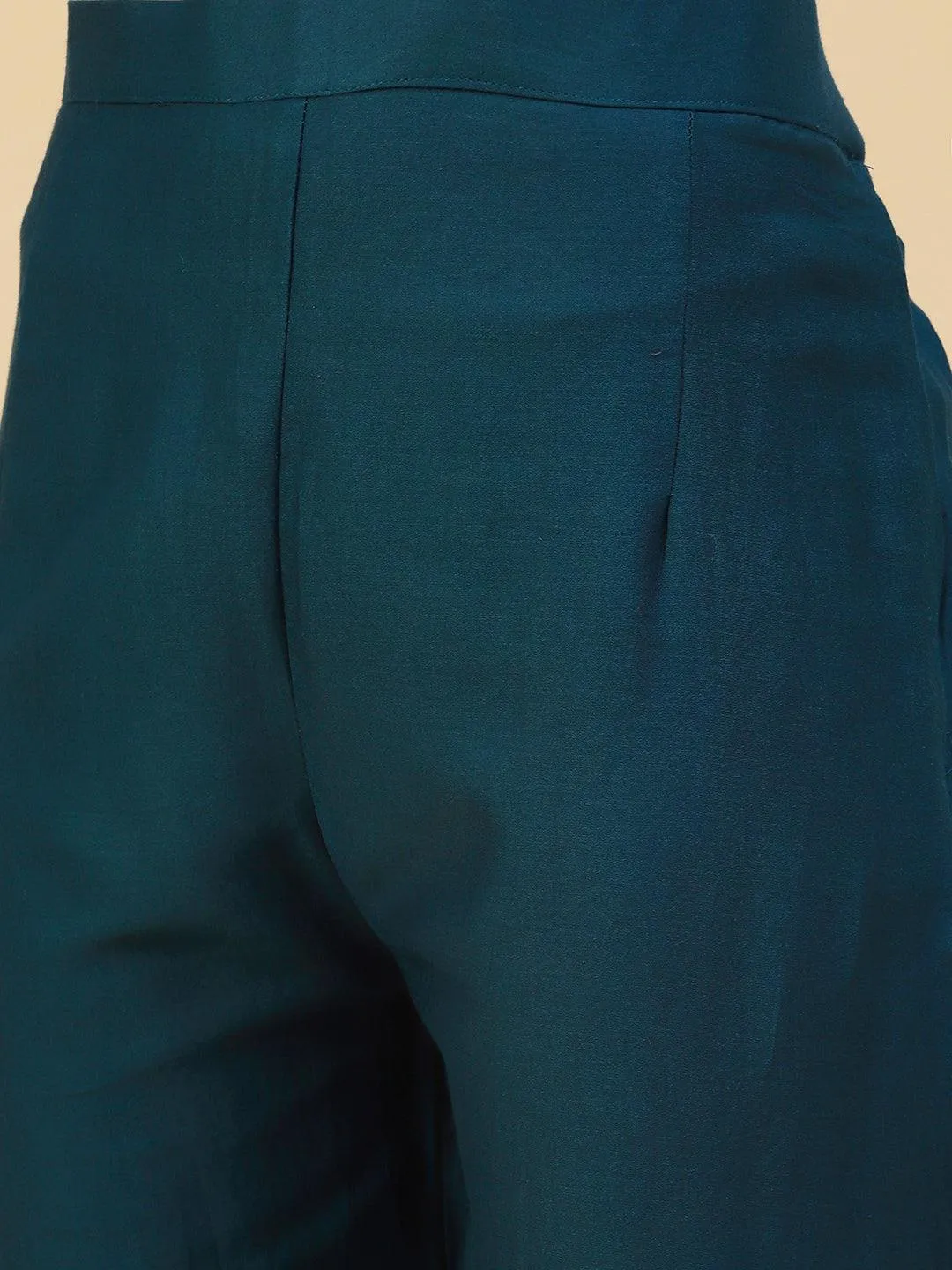 Chevron Printed & Hand Embroidered Straight Kurta with Pant & Dupatta - Teal Blue