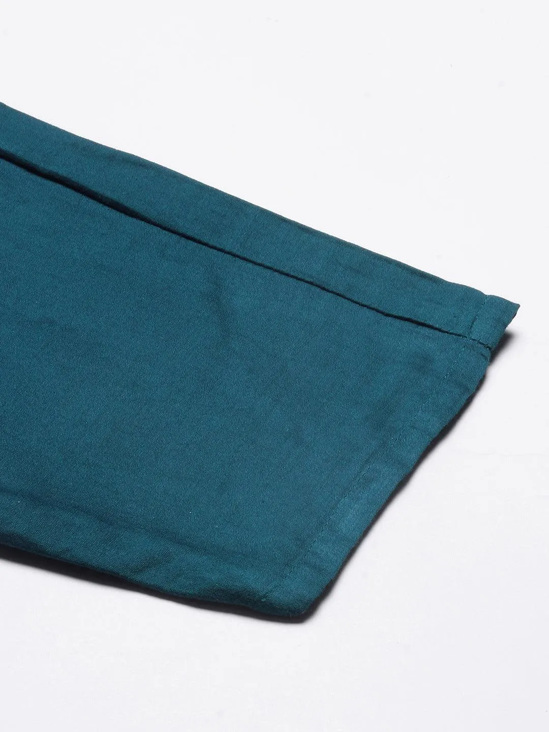 Chevron Printed & Hand Embroidered Straight Kurta with Pant & Dupatta - Teal Blue