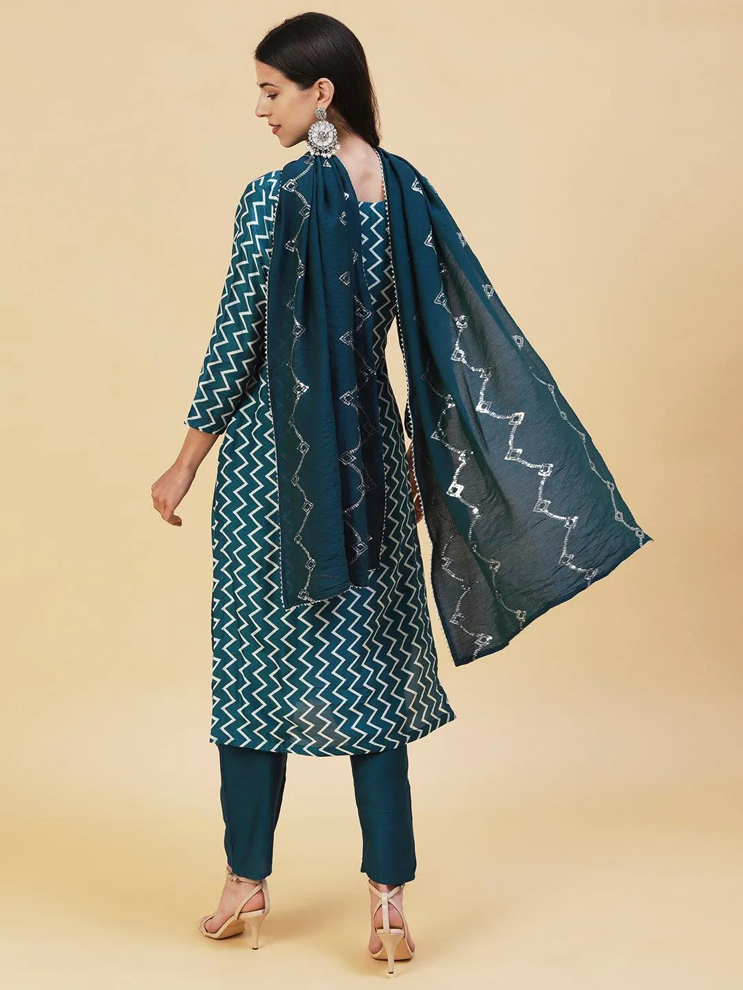 Chevron Printed & Hand Embroidered Straight Kurta with Pant & Dupatta - Teal Blue