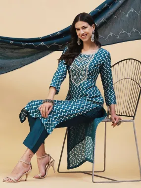 Chevron Printed & Hand Embroidered Straight Kurta with Pant & Dupatta - Teal Blue