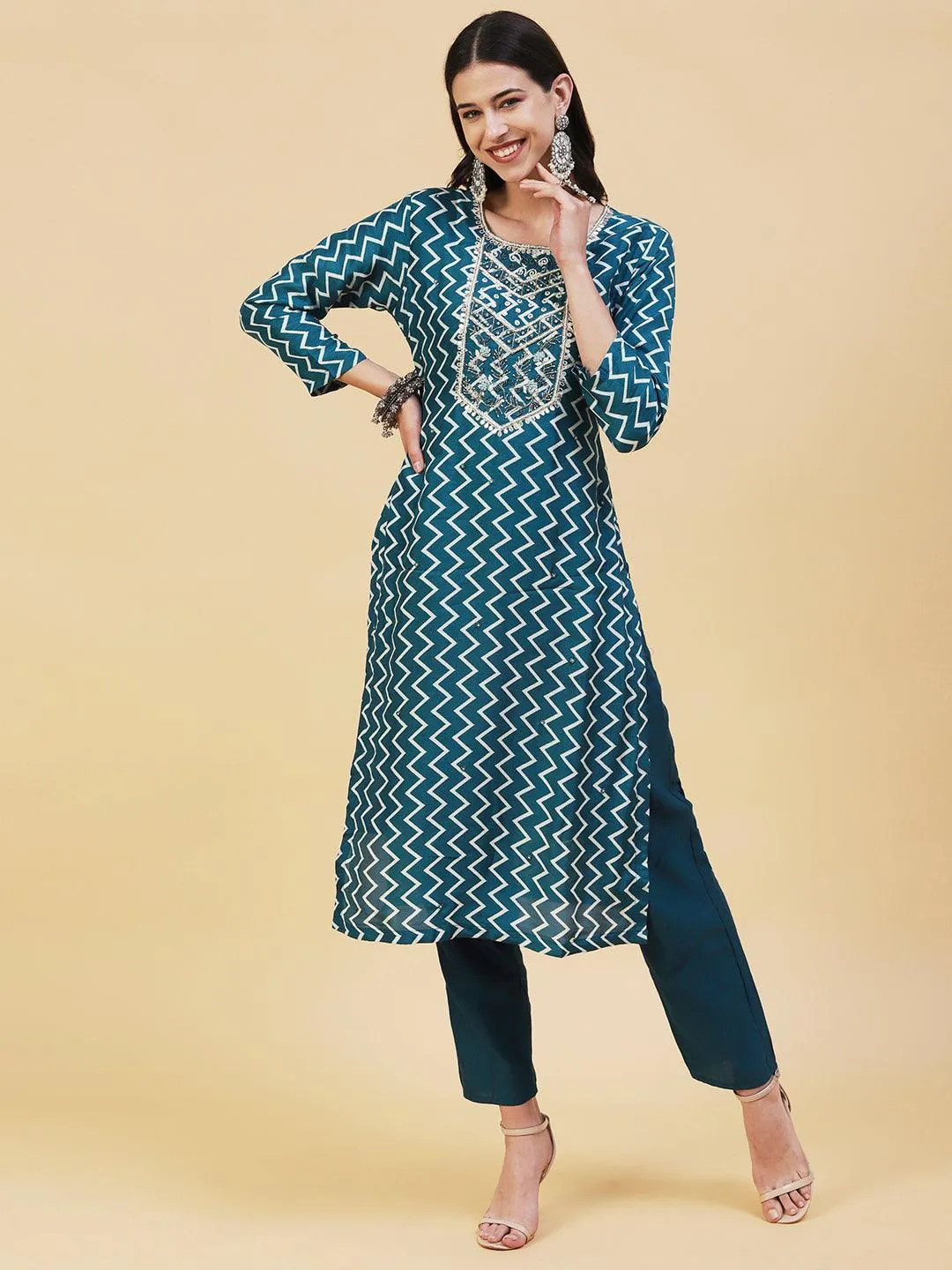 Chevron Printed & Hand Embroidered Straight Kurta with Pant & Dupatta - Teal Blue