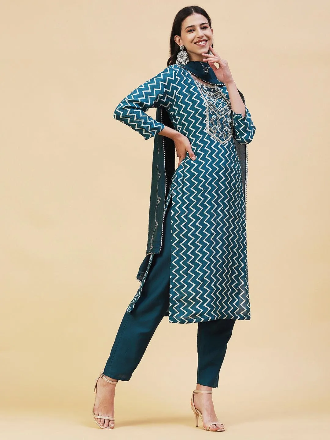 Chevron Printed & Hand Embroidered Straight Kurta with Pant & Dupatta - Teal Blue