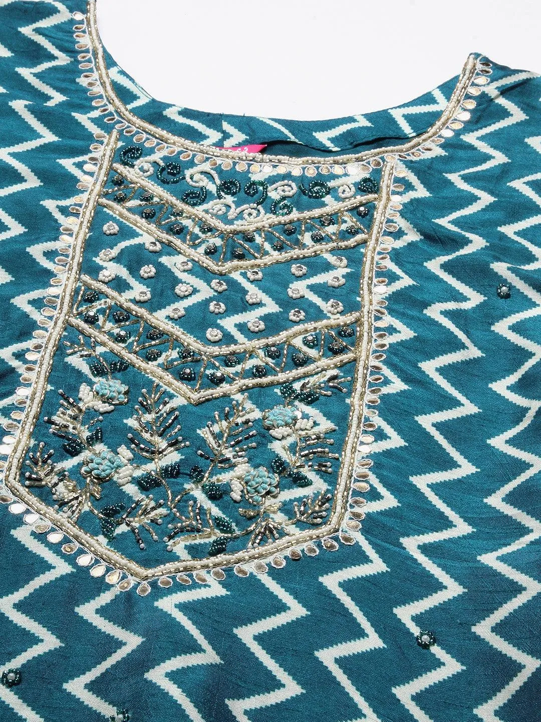 Chevron Printed & Hand Embroidered Straight Kurta with Pant & Dupatta - Teal Blue