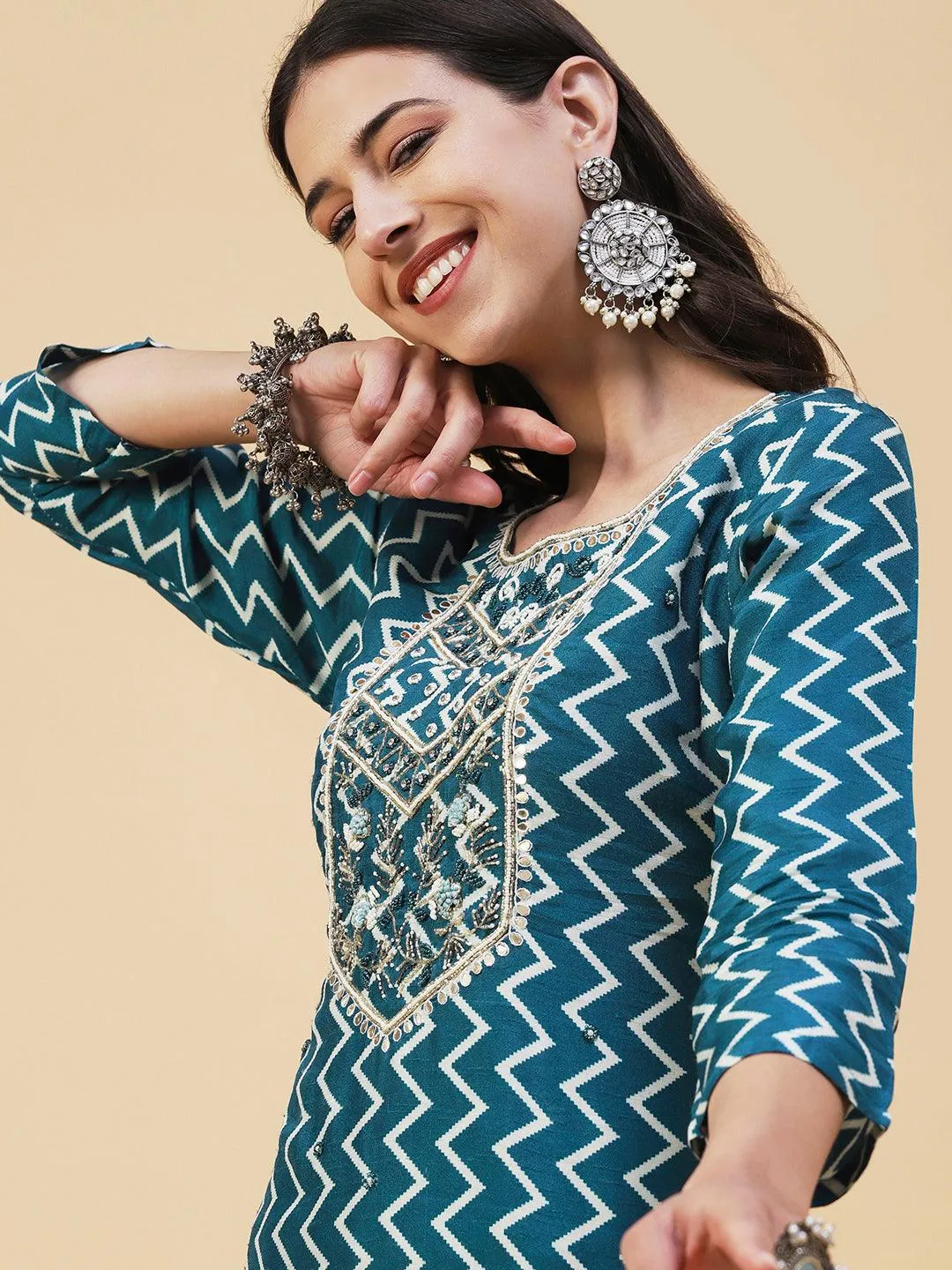 Chevron Printed & Hand Embroidered Straight Kurta with Pant & Dupatta - Teal Blue