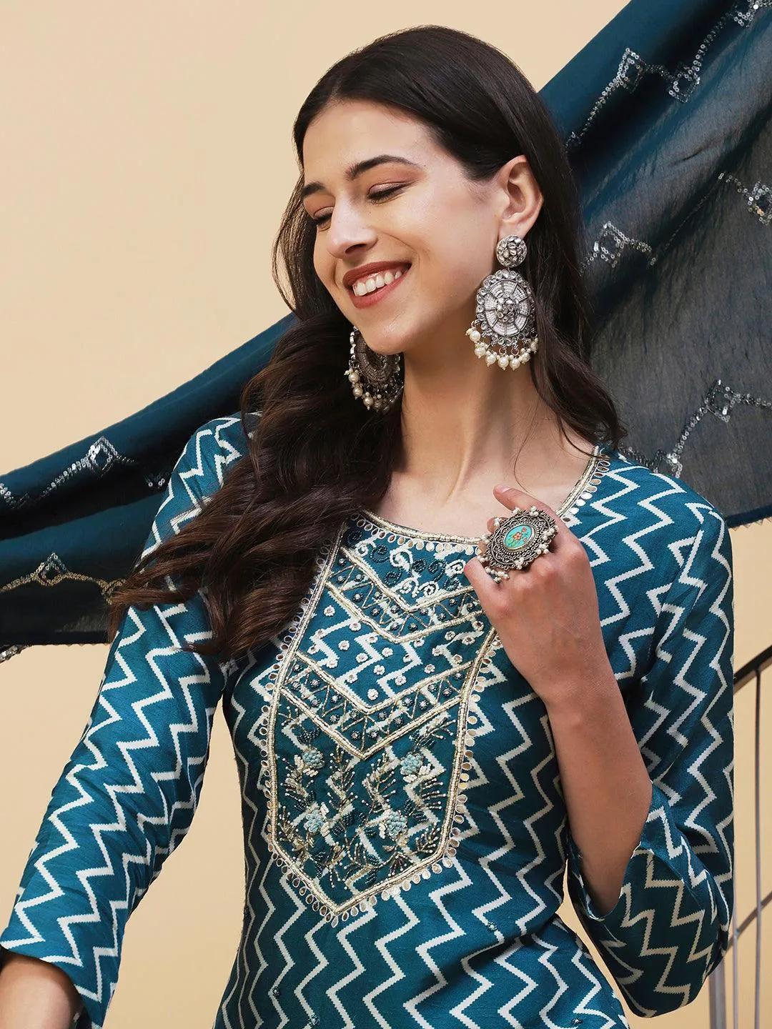 Chevron Printed & Hand Embroidered Straight Kurta with Pant & Dupatta - Teal Blue