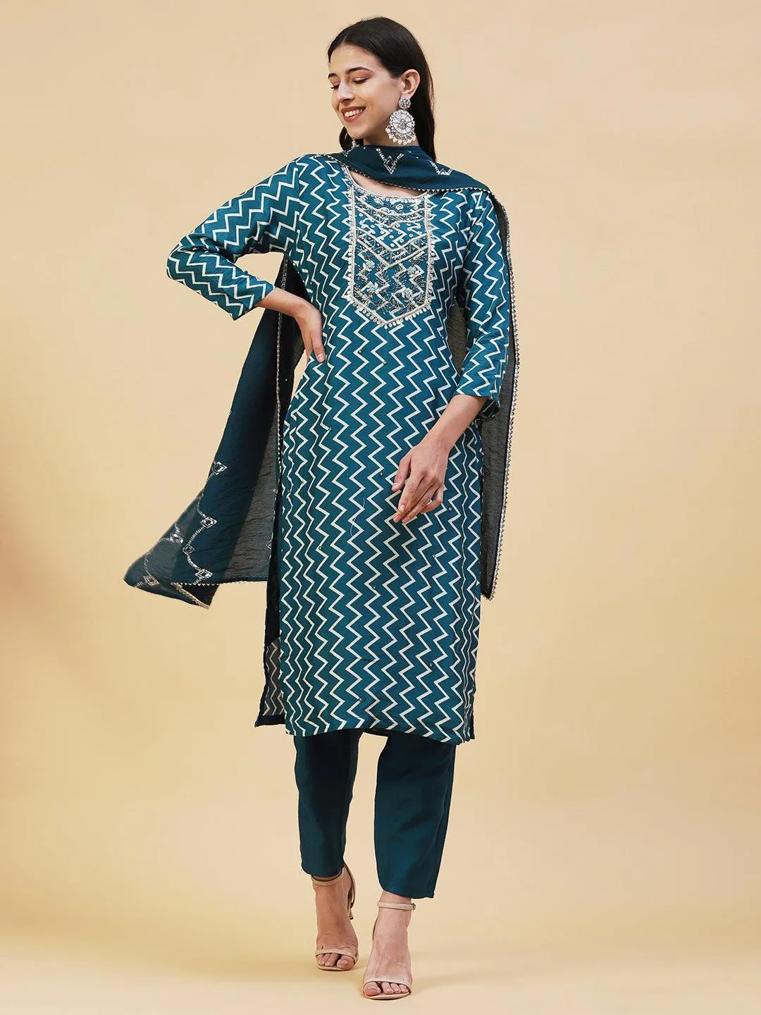 Chevron Printed & Hand Embroidered Straight Kurta with Pant & Dupatta - Teal Blue