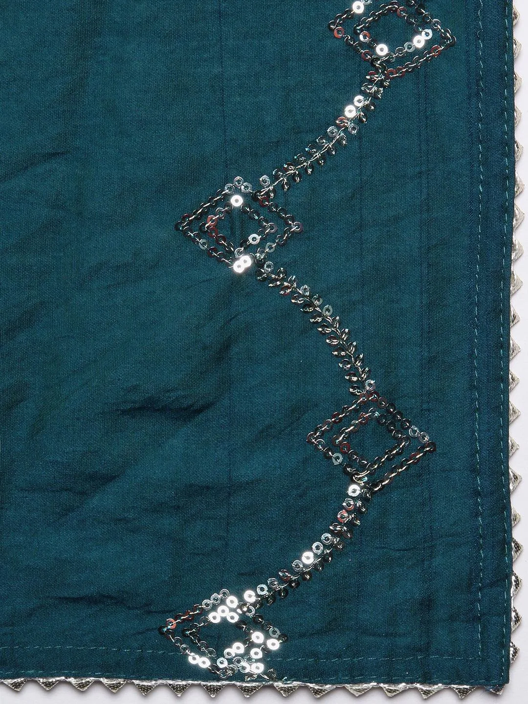 Chevron Printed & Hand Embroidered Straight Kurta with Pant & Dupatta - Teal Blue