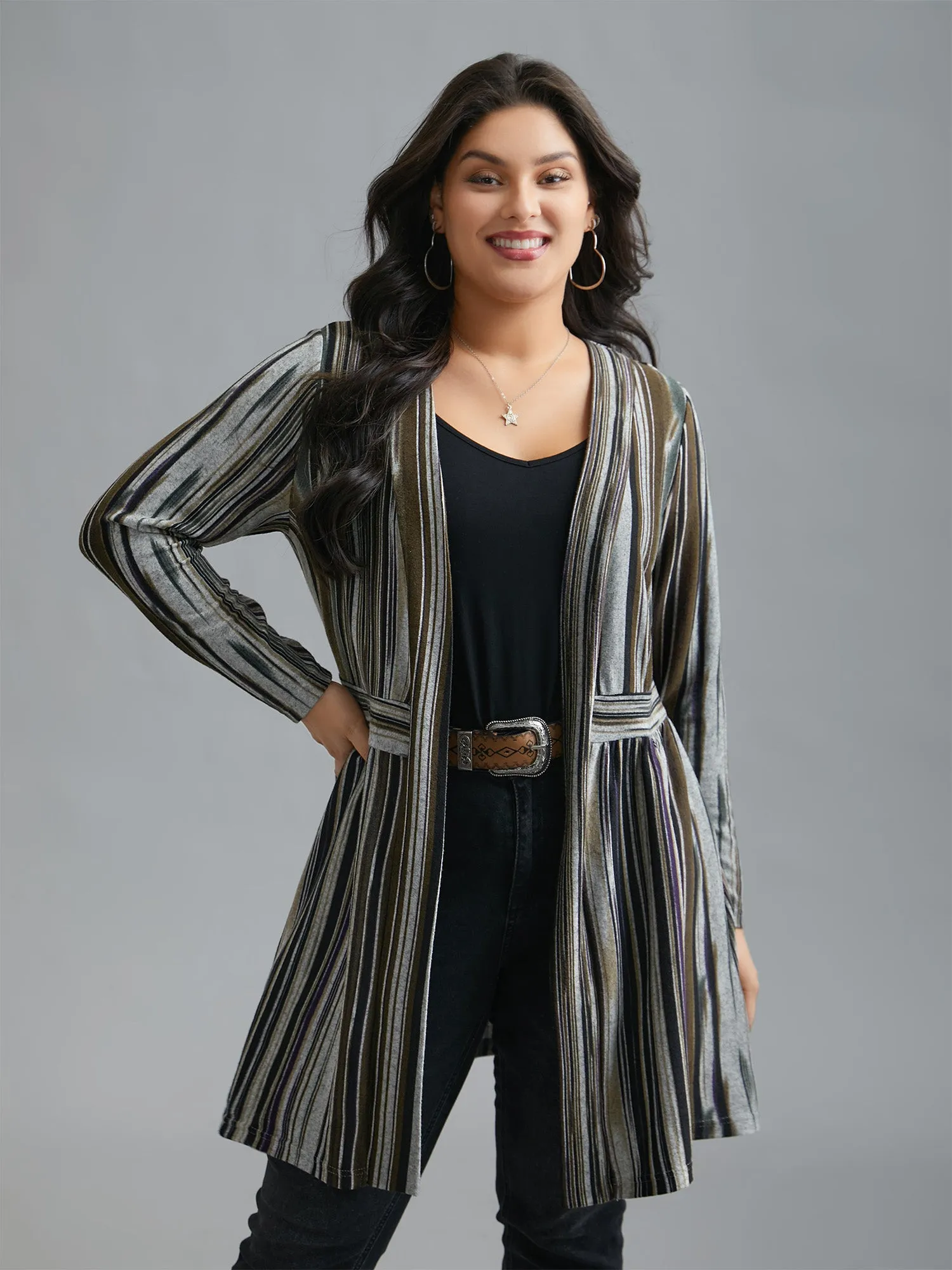 Colored Striped Open Front Waist Defining Jacket
