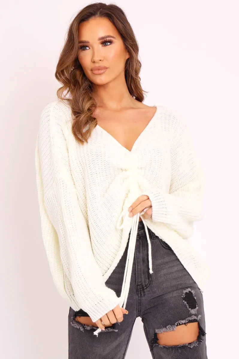 Cream Knitted Ruched Tie Front Jumper - Soraya