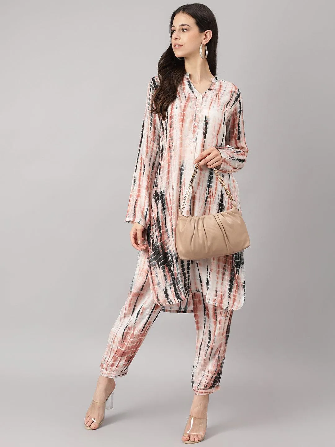 Cream Muslin Tie And Dye Kurta With Ham Cuffed Pant Set