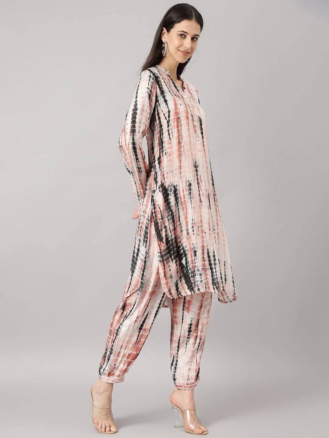 Cream Muslin Tie And Dye Kurta With Ham Cuffed Pant Set