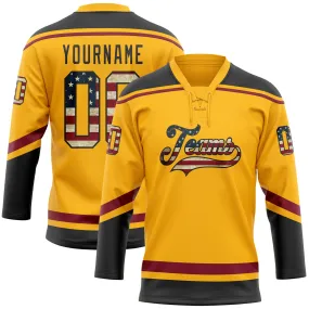 Custom Gold Vintage USA Flag Black-Crimson Hockey Lace Neck Jersey Custom Gold Vintage USA Flag Black-Crimson Hockey Lace Neck Jersey