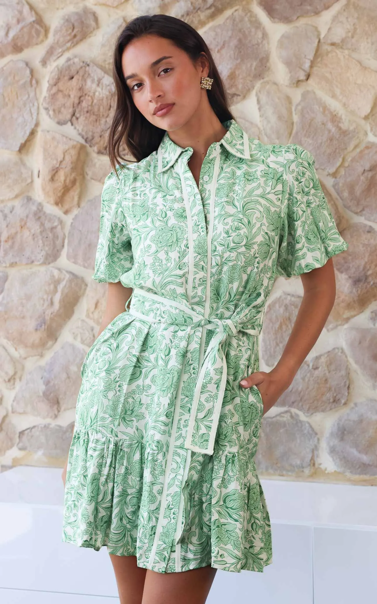 Doneth Mini Dress - White Green Print