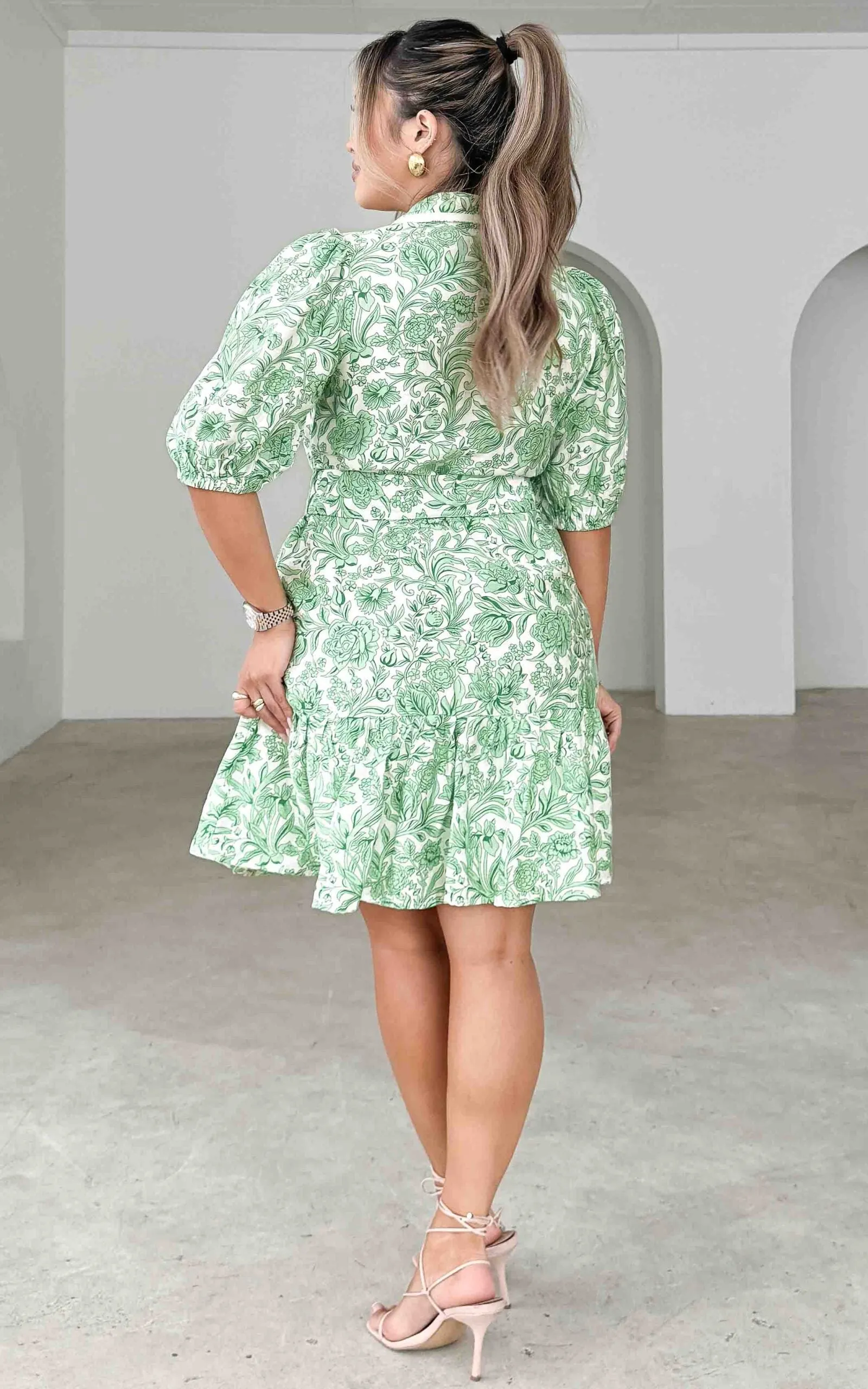 Doneth Mini Dress - White Green Print