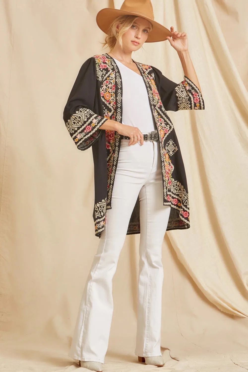 Embroidered Long Cardigan, Black