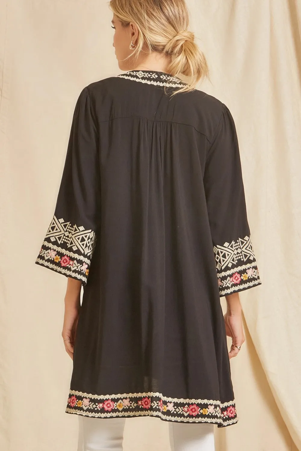 Embroidered Long Cardigan, Black