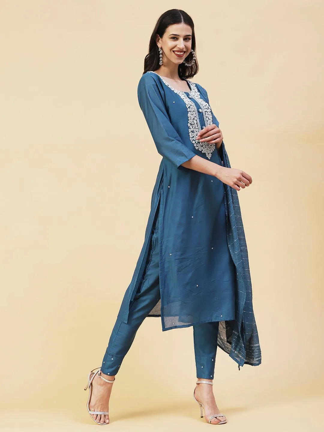 Ethnic Hand Embroidered Straight Fit Kurta with Pant & Dupatta - Teal Blue