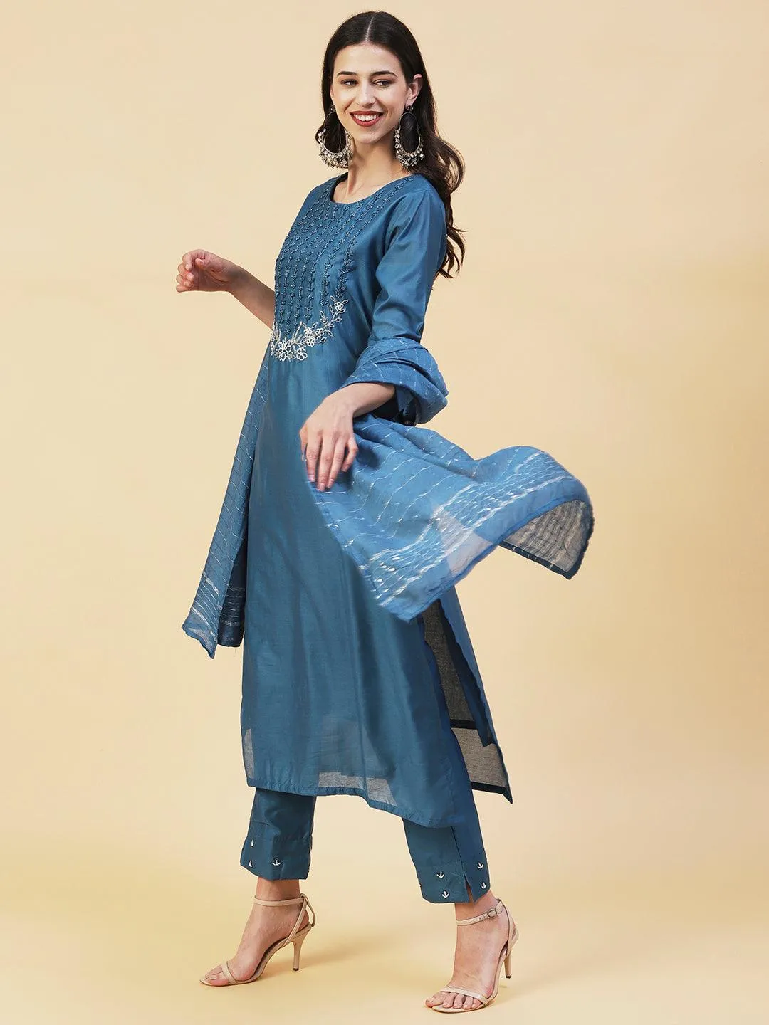 Ethnic Hand Embroidered Straight Kurta with Pant & Dupatta - Teal Blue