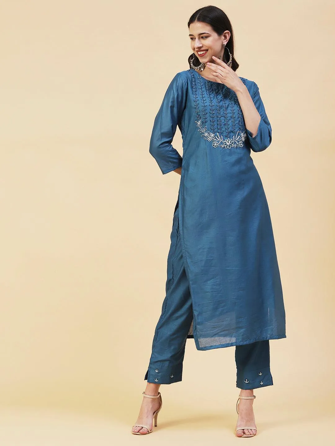 Ethnic Hand Embroidered Straight Kurta with Pant & Dupatta - Teal Blue