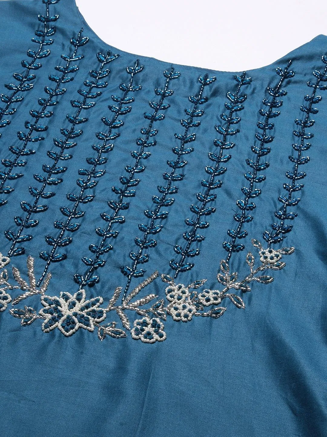 Ethnic Hand Embroidered Straight Kurta with Pant & Dupatta - Teal Blue