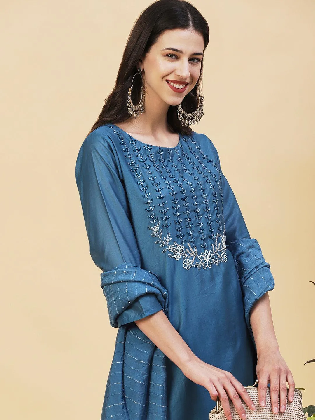 Ethnic Hand Embroidered Straight Kurta with Pant & Dupatta - Teal Blue