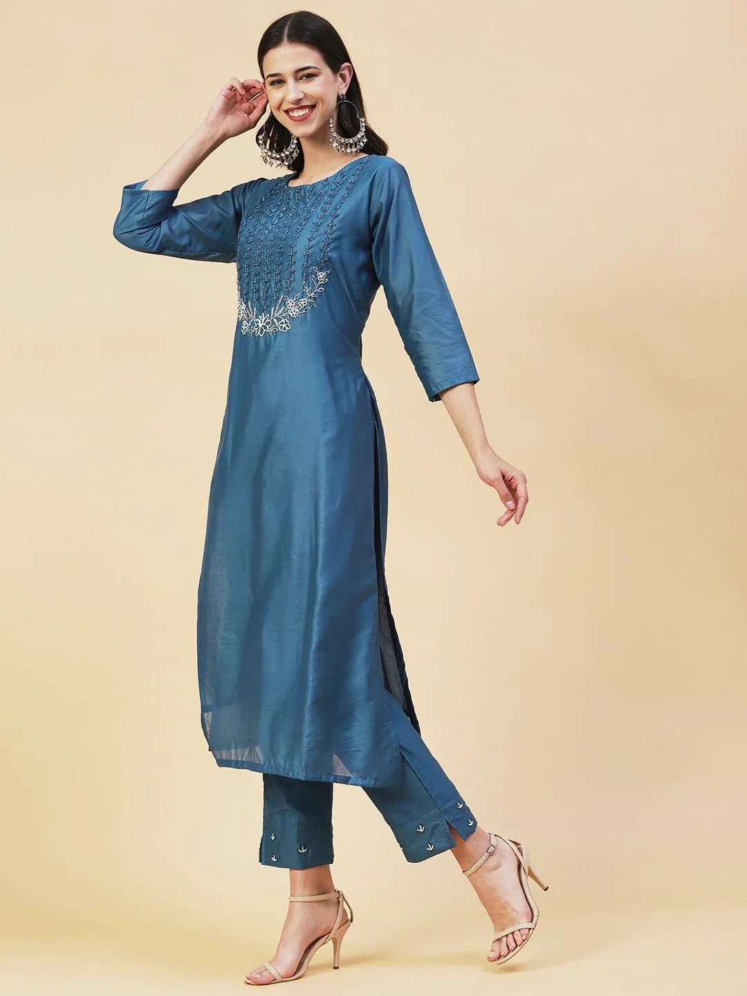 Ethnic Hand Embroidered Straight Kurta with Pant & Dupatta - Teal Blue