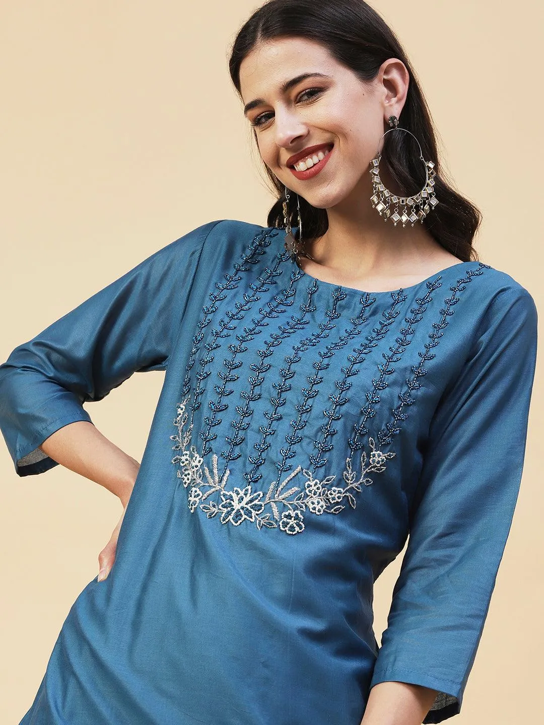Ethnic Hand Embroidered Straight Kurta with Pant & Dupatta - Teal Blue