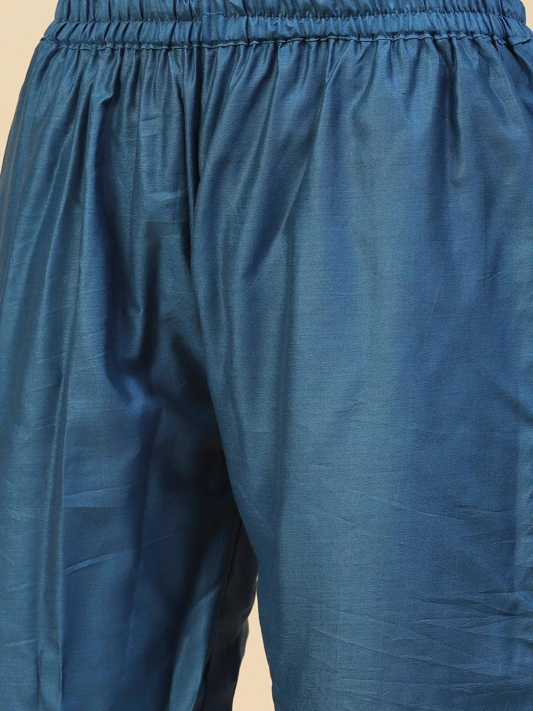Ethnic Hand Embroidered Straight Kurta with Pant & Dupatta - Teal Blue