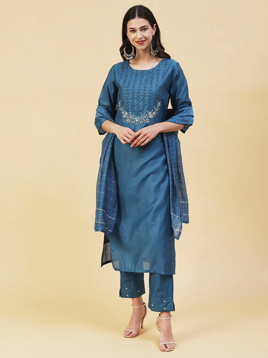 Ethnic Hand Embroidered Straight Kurta with Pant & Dupatta - Teal Blue