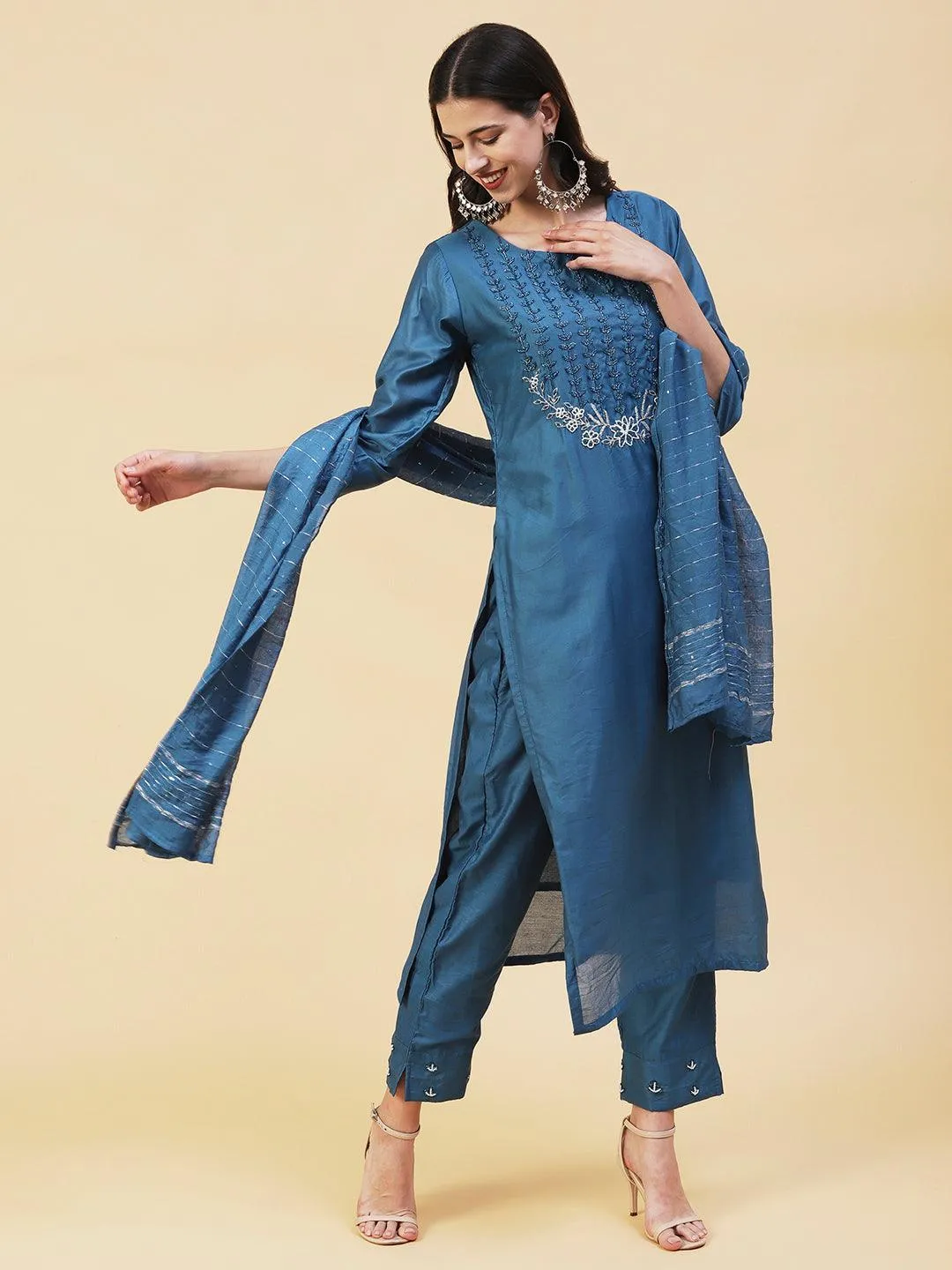 Ethnic Hand Embroidered Straight Kurta with Pant & Dupatta - Teal Blue