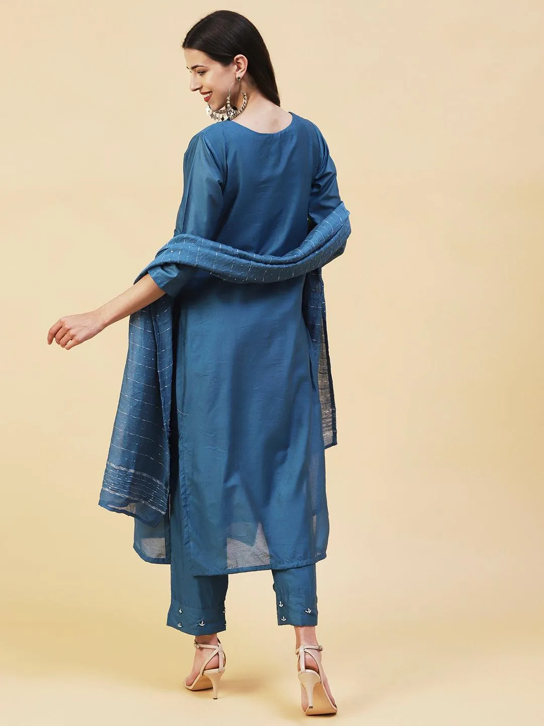 Ethnic Hand Embroidered Straight Kurta with Pant & Dupatta - Teal Blue