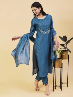 Ethnic Hand Embroidered Straight Kurta with Pant & Dupatta - Teal Blue