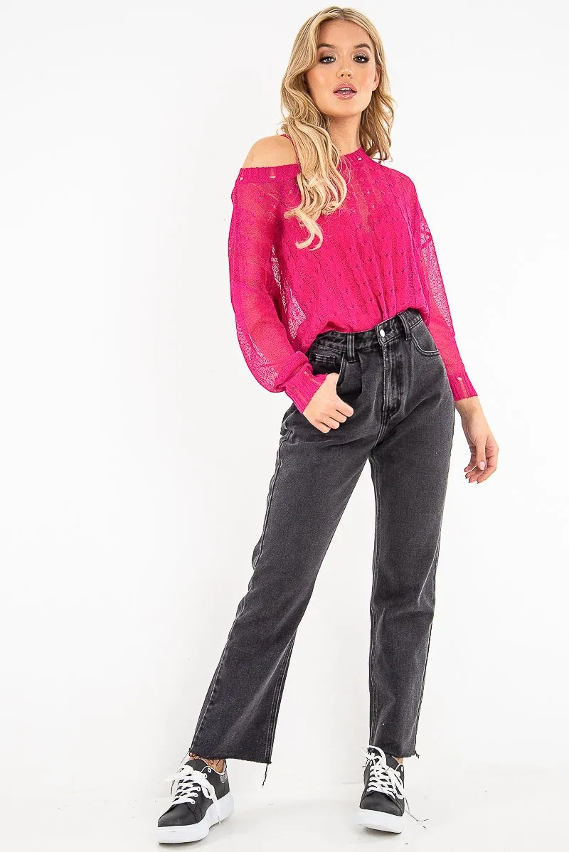 Fuchsia Glitter Net Cable Knit Jumper - Cordia