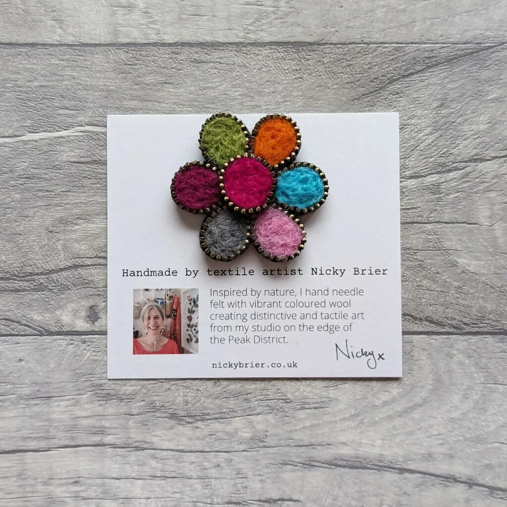 Hand Felted Flower Brooch With Zip Edge Detail