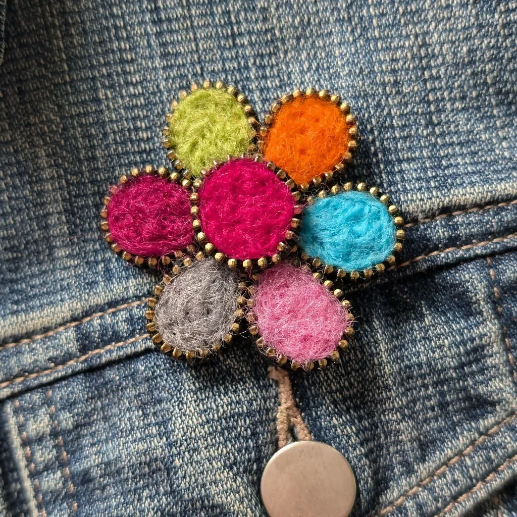 Hand Felted Flower Brooch With Zip Edge Detail