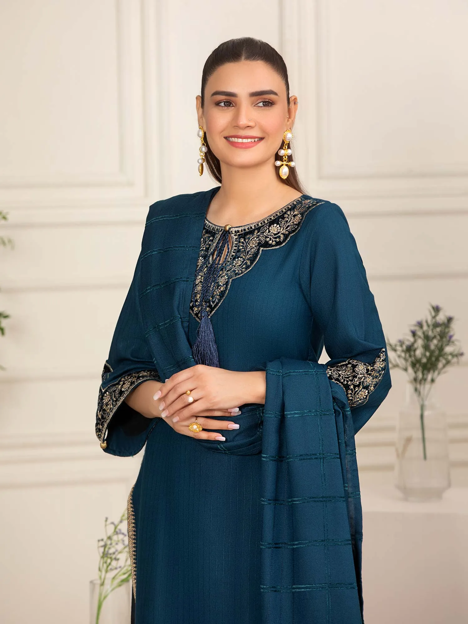 Heera's Teal Embroidered Linen Suit with Pashmina Shawl