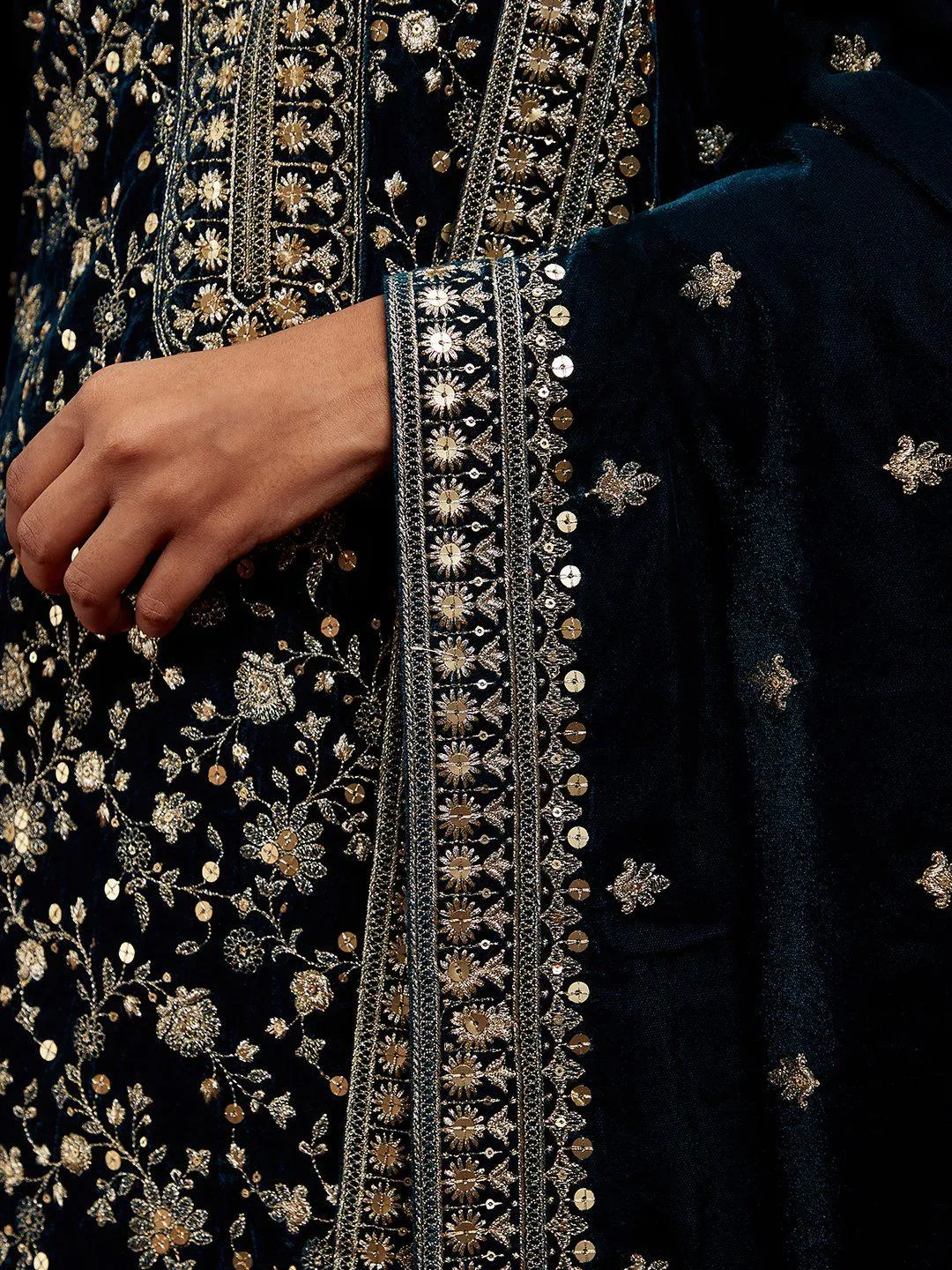 Jashvi Art Teal Embroidered Velvet Straight Suit With Dupatta