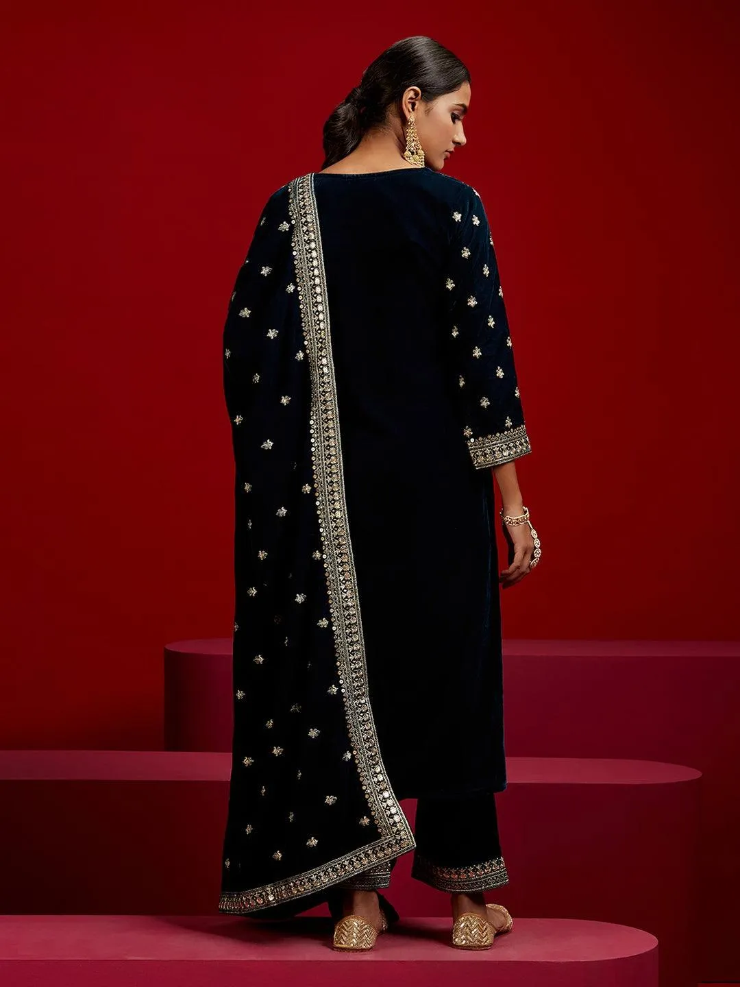 Jashvi Art Teal Embroidered Velvet Straight Suit With Dupatta