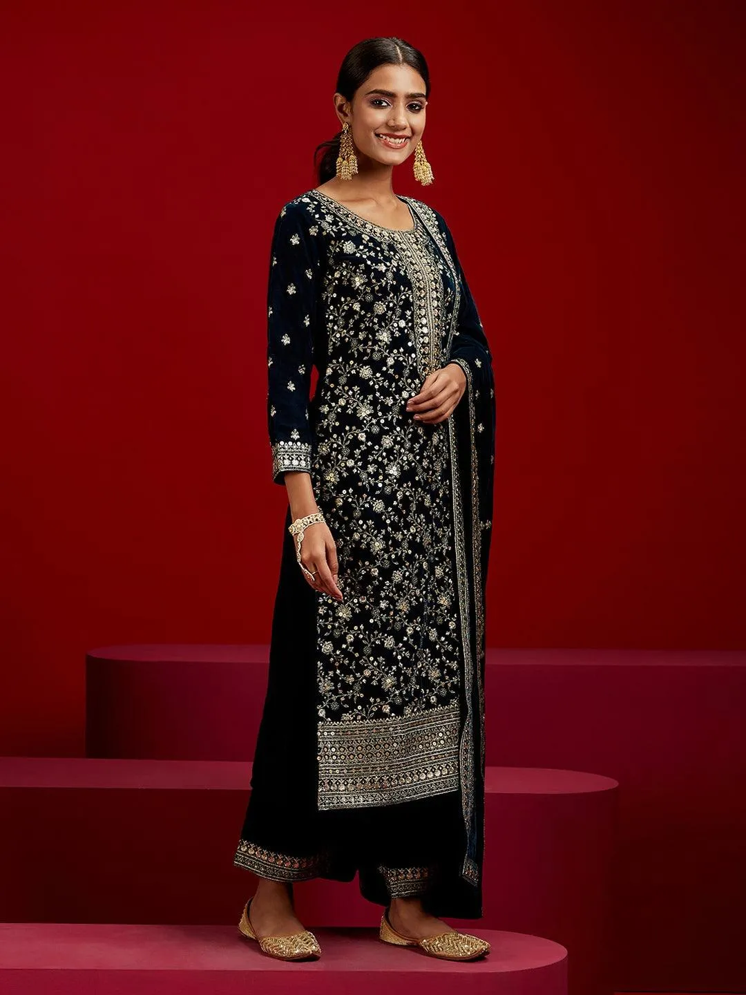 Jashvi Art Teal Embroidered Velvet Straight Suit With Dupatta
