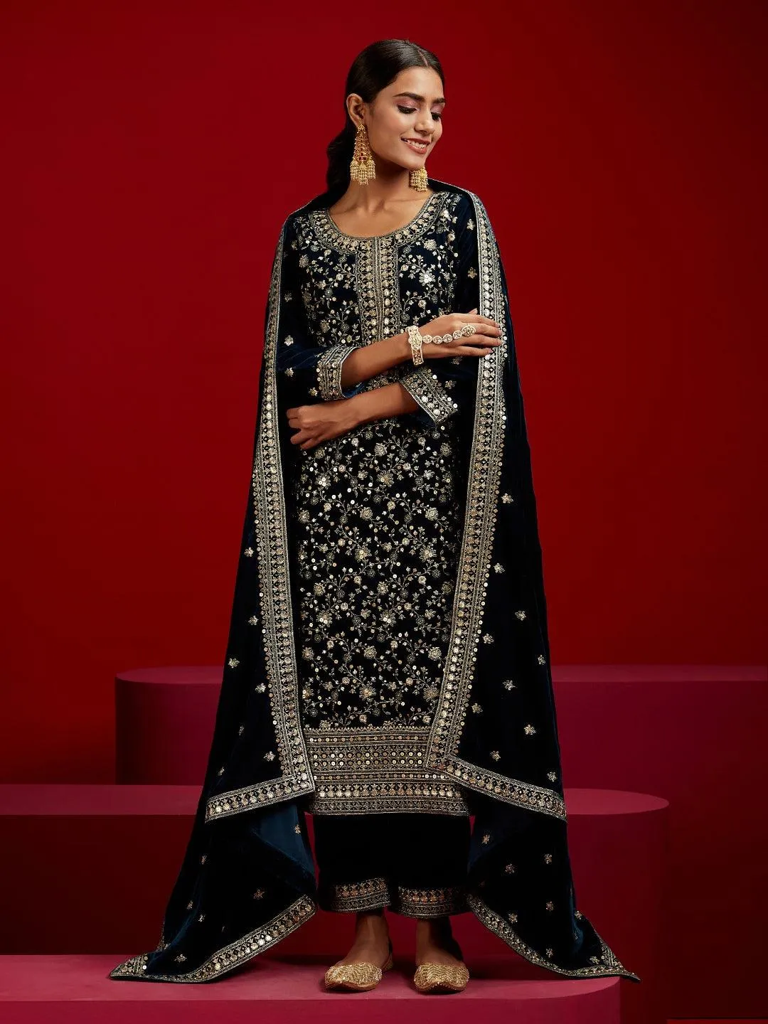 Jashvi Art Teal Embroidered Velvet Straight Suit With Dupatta